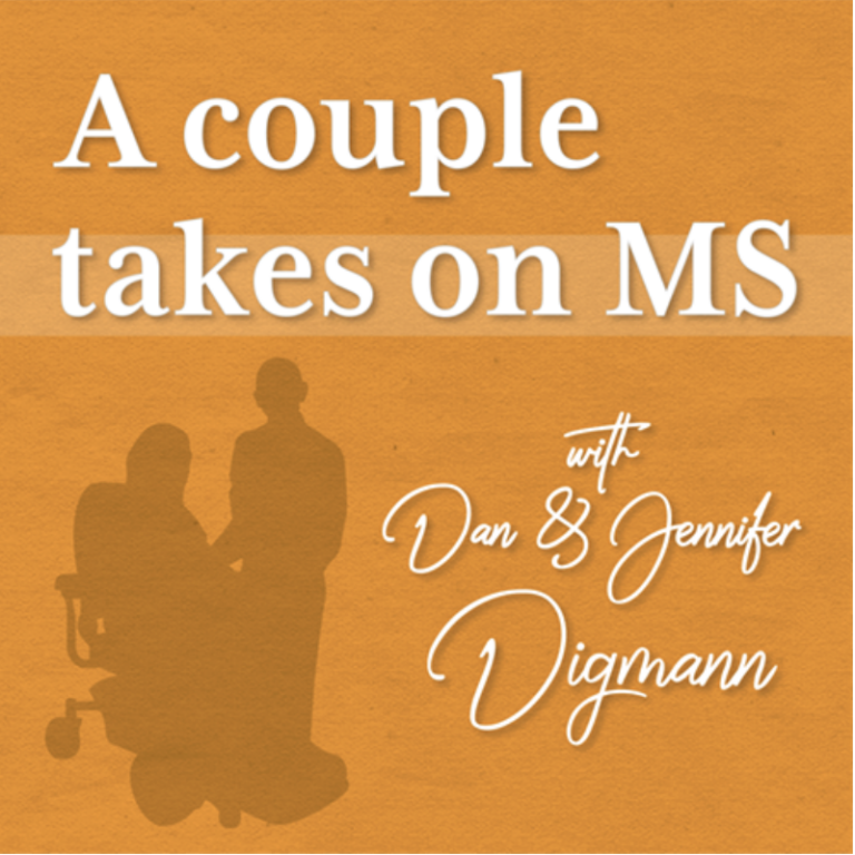 A Couple Takes on MS logo featuring silhouettes of Dan walking and Jennifer using a wheelchair.