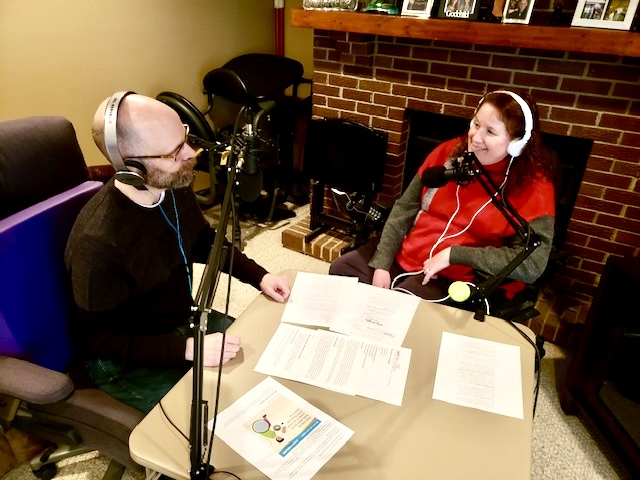 Dan and Jennifer Digmann recording an early episode of the A Couple Takes on MS podcast in their home in March 2021.