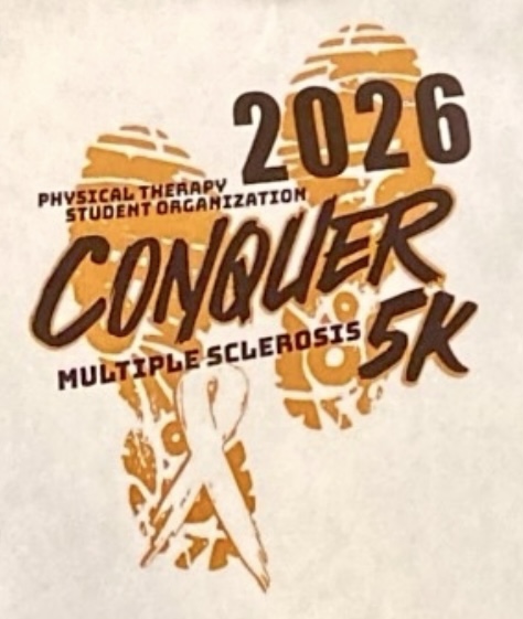 Official logo for the 2026 Conquer MS 5K fundraising event benefiting multiple sclerosis awareness and hosted by Central Michigan University's Doctor of Physical Therapy Student Organization.
