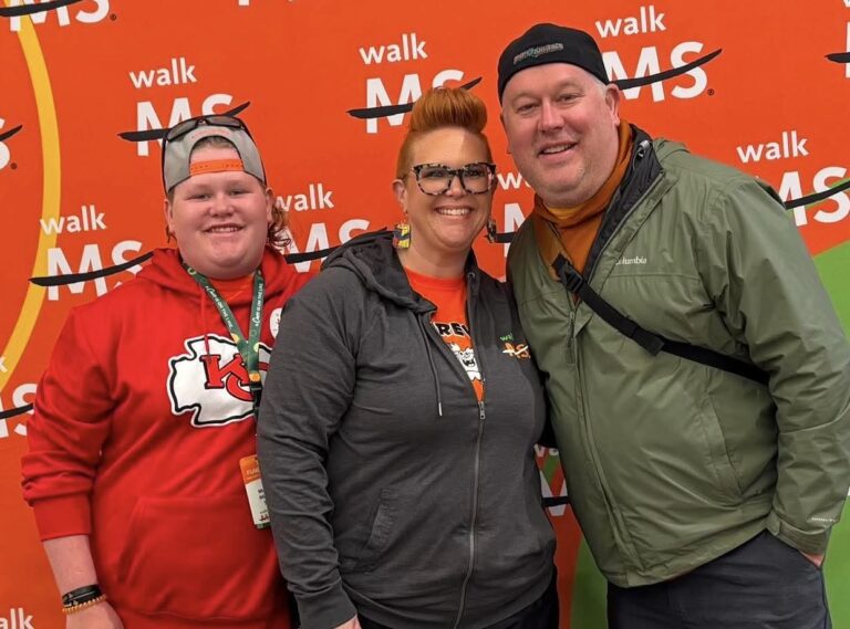 Erica Miedema with her husband, Adam, son Maximus, and their dog, Uso, at a Walk MS event. Erica Miedema and family at Walk MS